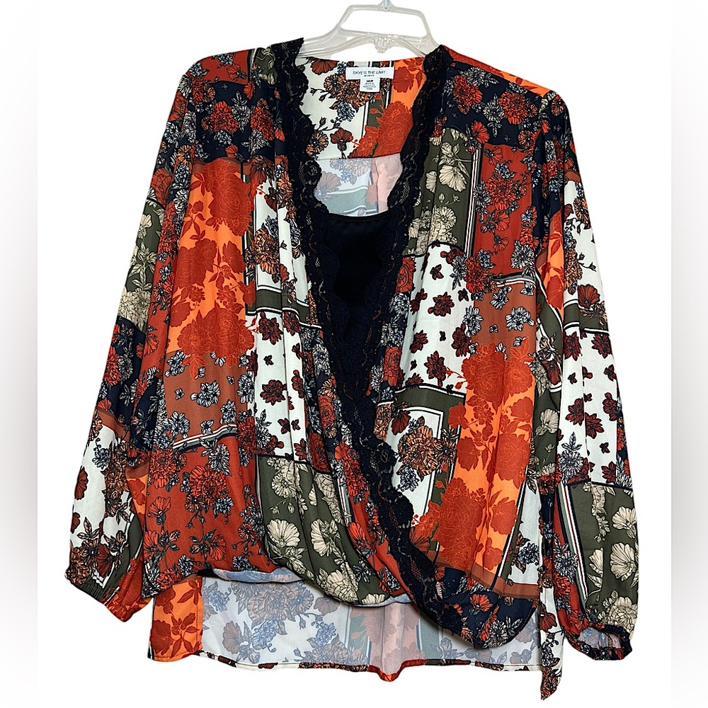 Skye’s The Limit black orange green cream floral split surplice top size 16W